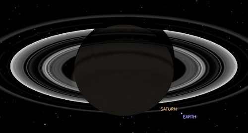 This simulated view from NASA's Cassini spacecraft shows the expected positions of Saturn and Earth on July 19, 2013, around the time Cassini will take Earth's picture. Image credit: NASA/JPL-Caltech. viewfromcassini