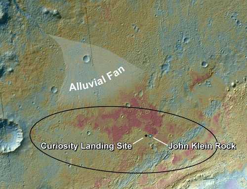 This false-color map shows the area within Gale Crater where NASA’s Curiosity rover landed on Aug. 5, 2012, PDT and the location where Curiosity collected its first drilled sample at the “John Klein” rock. Photo courtesy of NASA. 031613marsrovercrater