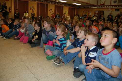 Children at Cobb Mountain Elementary School in Cobb, Calif., gather at a school assembly on Tuesday, March 19, 2013, for the presentation of the HealthierUS School Challenge Bronze Award. Photo by John Lindblom. 031913cobbkids