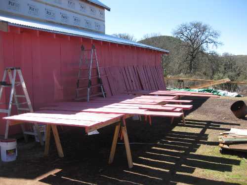 The pink color is a special primer coat for the new barn being erected at the Ely Stage Stop and Country Museum in Kelseyville, Calif. Photo by Greg Dills. march2013elybarn2