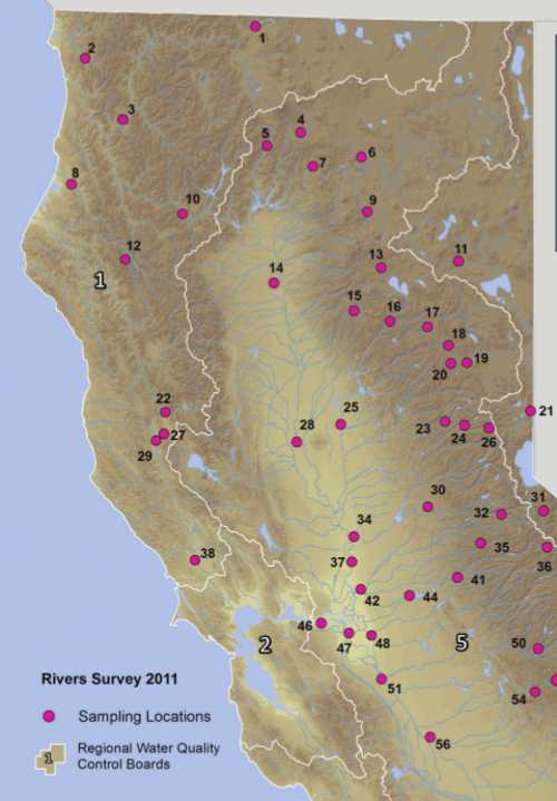 A map showing some of the Northern California rivers and streams tested in a statewide survey in 2011. Image courtesy of the State Water Resources Control Board’s Surface Water Ambient Monitoring Program. 2011fishsampling