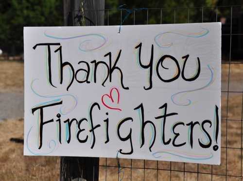 A grateful Lake County, Calif., resident left a thank you sign for firefighters during the Scotts Fire in September 2012. Photo by Korinn Woodard. 2012scottsfirethanks