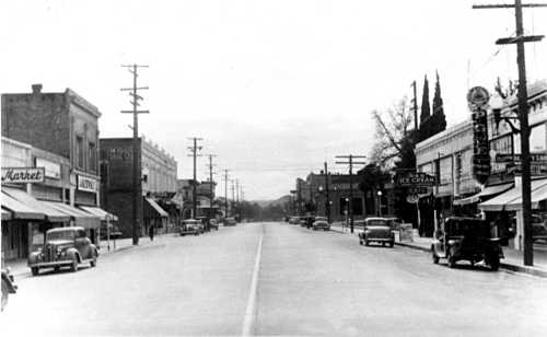 Main and Third Streets, about 1930, showing the new concrete buildings that replaced the burned buildings on both sides of the street. All of these buildings are still standing. Courtesy of Lake County Museum. lakeportfiresmainst1930s