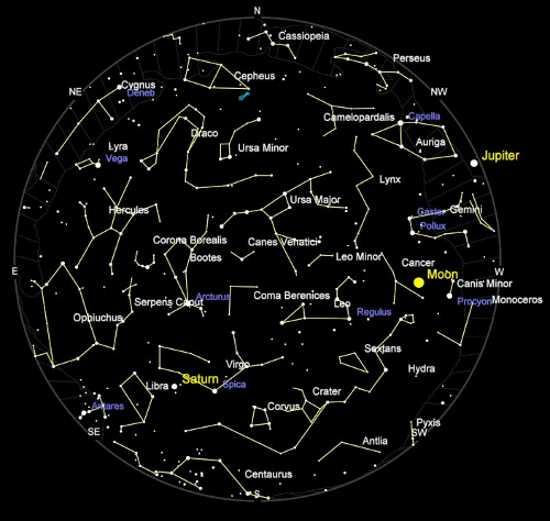 Lake County Skies for May 15, 2013, 9 p.m. Constellation names are printed in white, bright stars in blue, and the planets/moon in yellow. may2013starchart