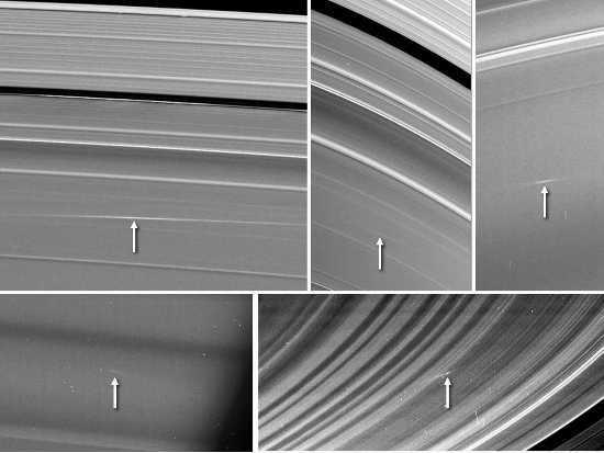 Five images of Saturn’s rings, taken by NASA’s Cassini spacecraft between 2009 and 2012, show clouds of material ejected from impacts of small objects into the rings. Image credit: NASA/JPL-Caltech/Space Science Institute/Cornell. saturnrings