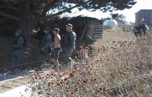 Phoenix Triton King, 20, a homeless man who formerly lived in Lake County, Calif., was arrested on Monday, September 9, 2013, on murder and attempted murder charges for killing one man and wounding a second with a crossbow near Eureka, Calif., on Sunday, September 8, 2013. Photo courtesy of Lost Coast Journal. 090913lostcoastkingarrest