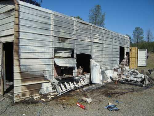 A honey oil lab discovered on Thursday, March 20, 2014, in Lower Lake, Calif., following a fire. Lake County Sheriff's photo. 032014burnedbuildinglab