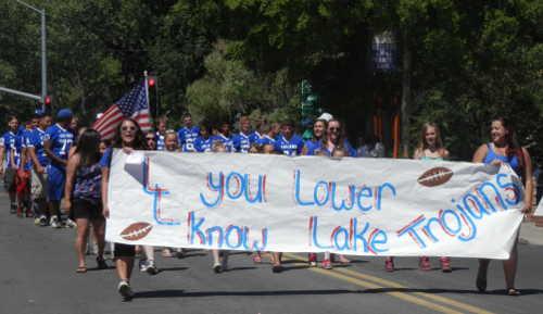 Lower Lake High School cheerleaders led the football team in the parade procession place in the costumed division in the Lower Lake Daze Parade on Sunday, May 25, 2014, in Lower Lake, Calif. Photo by Denise Rockenstein. 052514paradehighschool