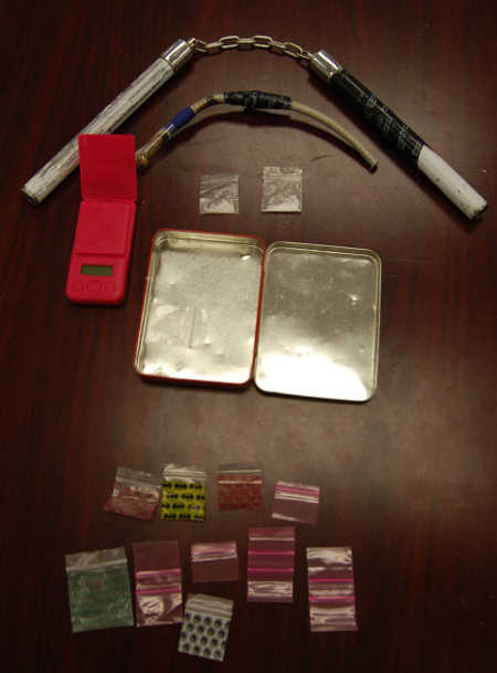 Drugs, nunchakus and other paraphernalia found in the possession of Aaron Rodriguez Zavala, 29, of Upper Lake, Calif., during a search warrant service on Thursday, July 3, 2014. Lake County Sheriff's Office photo. 070314zavaladrugs
