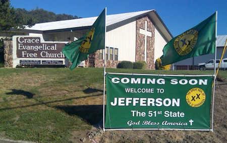 A sign promoting the state of Jefferson in front of Grace Church in Kelseyville, Calif., on Friday, July 11, 2014. Photo by Chad Samuelson. 071114jeffersonsign