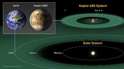The diagram compares the planets of our inner solar system to Kepler-186, a five-planet star system about 500 light-years from Earth in the constellation Cygnus. Image courtesy of NASA. kepler186system