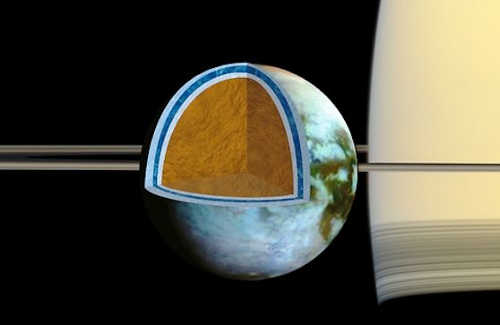 Researchers found that Titan's ice shell, which overlies a very salty ocean, varies in thickness around the moon, suggesting the crust is in the process of becoming rigid. Image Credit: NASA/JPL/SSI/Univ. Of Arizona/G. Mitri/University of Nantes. nasatitan