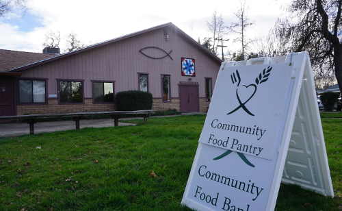 A sign welcomes community members to the Kelseyville Food Pantry on Tuesday, February 9, 2016, at Kelseyville Presbyterian Church in Kelseyville, Calif. Photo by Elizabeth Larson/Lake County News. 020916kfpsign