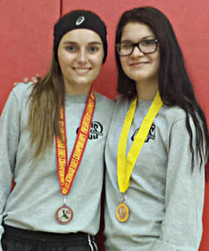 Clear Lake High School wrestlers Emily Psalmonds, left, a sophomore, and senior Alicia Ledesma finished second and fourth, respectively, in their weight classes at the Girls North Coast Section Wrestling Tournament on Friday, February 12, and Saturday, February 13, 2016, in Albany, Calif. Photo courtesy of Rick Pyorre. 021316cifpsalmondsledesma