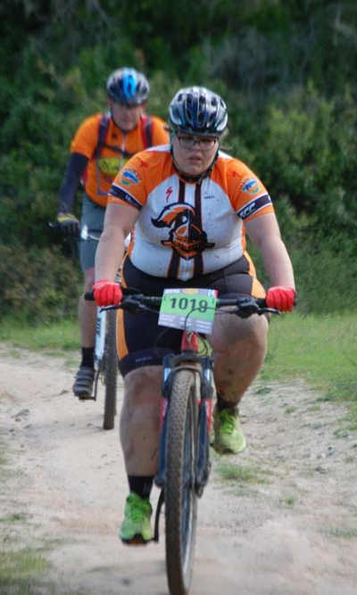 Edina Balazs powering through the pain at Fort Ord, Calif., on Sunday, March 6, 2016. Photo courtesy of Tami Cramer. 030616mtnbikebalazs