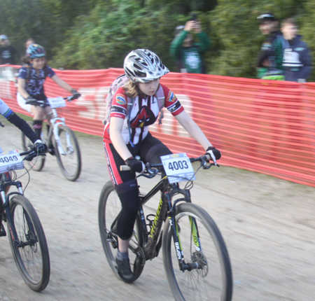 Zoe Cramer nearing the finish at Fort Ord, Calif., on Sunday, March 6, 2016. Photo courtesy of Tami Cramer. 030616mtnbikezoe