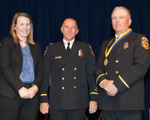 From left, Governor's Cabinet Secretary Keely Bosler; Chief Ken Pimlott, Cal Fire director and and Cal Fire Sonoma-Lake-Napa Unit Division Chief Jim Wright. Wright received the California Governor’s Medal of Valor award on Tuesday, April 12, 2016, in Sacramento, Calif. Photo courtesy of Cal Fire. 041216jimwrightvalor