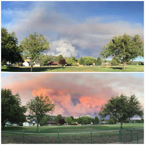 Tara Waldon shared these perspective shots of the Jerusalem fire as seen from Hidden Valley Lake, Calif. The top picture was taken at 7 p.m. Sunday, August 9, 2015; the bottom picture was taken an hour later. 080915jerusalemfiretarawaldonperspectiveedited