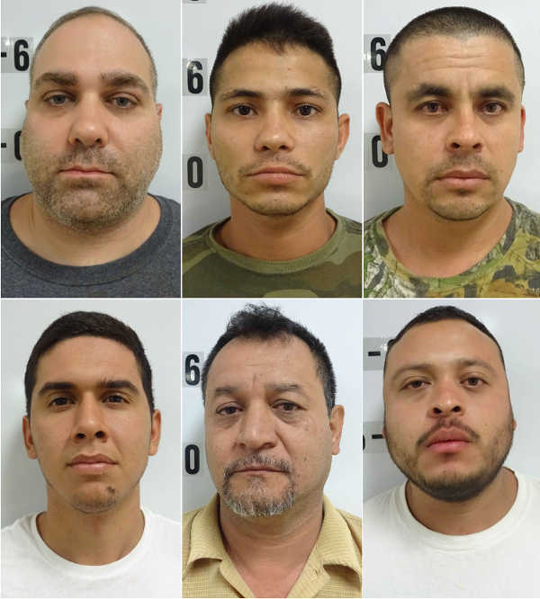 Arrested during an investigation and search warrant service in Kelseyville, Calif., on Tuesday, August 25, 2015, were, clockwise, beginning in upper left, 41-year-old Richard Joseph Gamble of Staten Island, New York; Diego Garcia, 26, of Ukiah, Calif.; Javier Guiterrez Torres, 39, of Kelseyville, Calif.; Arnoldo Mendoza-Tellez, 25, of Clearlake, Calif.; 46-year-old Prudencio Gerardo Najar-Elias of Santa Rosa, Calif.; and 18-year-old Jamie Sanchez Ruiz of Los Angeles, Calif. Lake County Jail photos. 082515potbustarrestees