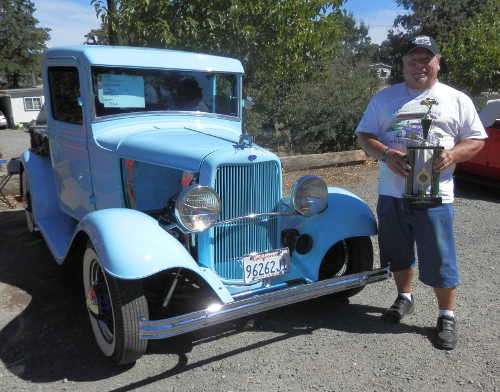 Rex Clayton of Clearlake, Calif., with his 1932 Ford truck was the first runner-up in the fourth annual Show and Shine Car Show and Barbecue hosted by the American Legion Post No. 437 on Saturday, August 29, 2015, in Clearlake, Calif. Photo by Denise Rockenstein/Lake County News. 082915carshowclayton