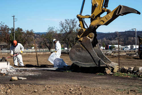 On Friday, October 9, 2015, staff with the California Department of Resources Recycling and Recovery clean up a property in Middletown, Calif., damaged in the Valley fire in September 2015. Photo courtesy of the Department of Resources Recycling and Recovery. 100915mtowndebriscleanup1