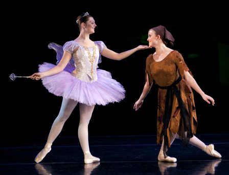 Kimberly Dorland as the Fairy Godmother prepares to cast a spell on Megan Conway as Cinderella before she's transformed into a beautiful princess for the ball in BYU Theatre Ballet's production of “Fairy Tales and Fantasy.” Photo by Jaren Wilkey/BYU. byutheatreballet2