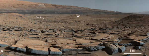 A view from the Kimberley formation looking south. The strata in the foreground dip towards the base of Mount Sharp, indicating the ancient depression that existed before the larger bulk of the mountain formed. Credit: NASA/JPL-Caltech. caltechgalecrater