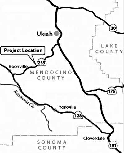 The location of highway repairs to take place on Highway 253 in Mendocino County, Calif. Image courtesy of Caltrans. highway253repairs