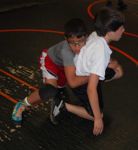 Gabriel Ambriz and Brandon Garcia, members of the Lake County Wrestling Club, during practice in Kelseyville, Calif. Photo by John Lindblom/Lake County News. jlwrestlingboys