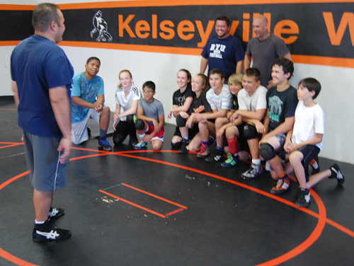 Lake County Wrestling Club Coach Adam Garcia talks to his wrestlers during a practice in Kelseyville, Calif. Photo by John Lindblom/Lake County News. jlwrestlingteam