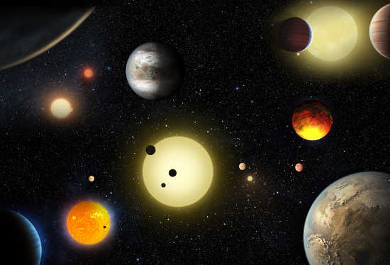 This artist's concept depicts select planetary discoveries made to date by NASA's Kepler space telescope. Credits: NASA/W. Stenzel. keplerallplanets