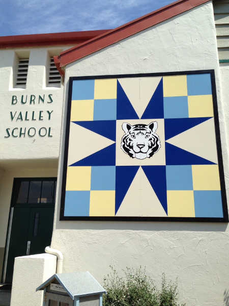 “Burns Valley Tiger,” the 77th quilt block on the Lake County Quilt Trail, is located at Burns Valley School in Clearlake, Calif. Photo courtesy of the Lake County Quilt Trail. lcqtburnsvalleytiger