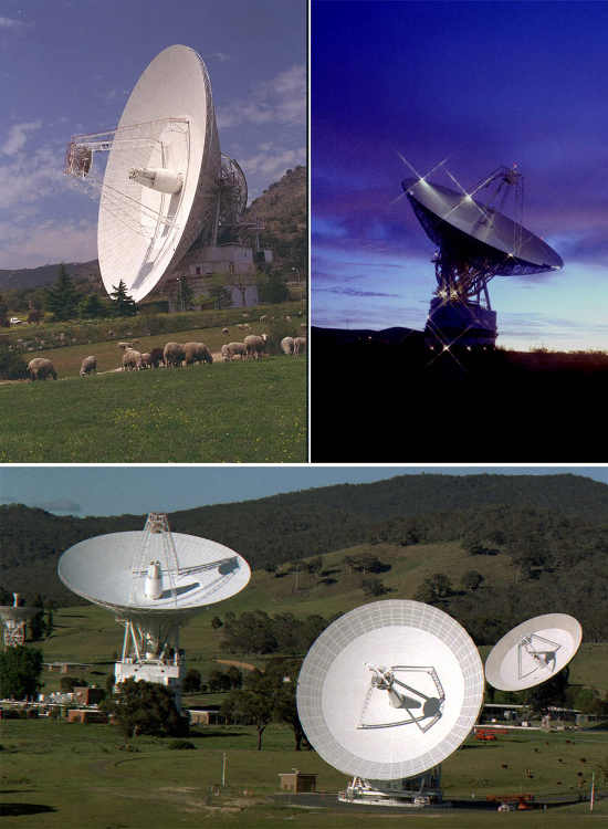 All communications with New Horizons – from sending commands to the spacecraft, to downlinking all of the science data from the historic Pluto encounter – happen through NASA’s Deep Space Network of antenna stations in (clockwise, from top left) Madrid, Spain; Goldstone, California, U.S.; and Canberra, Australia. Even traveling at the speed of light, radio signals from New Horizons need more than 4 ½ hours to travel the 3 billion miles between the spacecraft and Earth. Photo courtesy of NASA. nasasatellitedishes