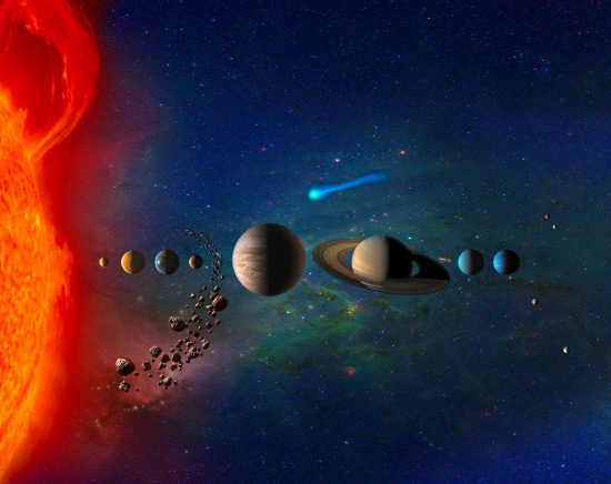 The solar system, illustrated in this artist's conception, contains both large and small objects. Researchers from Duke have proposed a new explanation for why the size diversity exists. Credit: NASA. solarsystemhierarchy