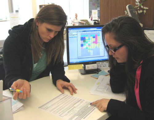 Donna Mahony signs up for spring semester 2016 Early Education classes with the help of Peer Advisor Danielle Stennet at Lake County Campus of Woodland Community College in Clearlake, Calif. Courtesy photo. spring2016wcclc