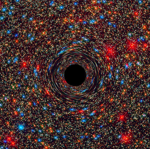This computer-simulated image shows a supermassive black hole at the core of a galaxy. The black region in the center represents the black hole's event horizon, where no light can escape the massive object's gravitational grip. The black hole's powerful gravity distorts space around it like a funhouse mirror. Light from background stars is stretched and smeared as the stars skim by the black hole. Credits: NASA, ESA, and D. Coe, J. Anderson, and R. van der Marel (STScI). supermassiveblackhole