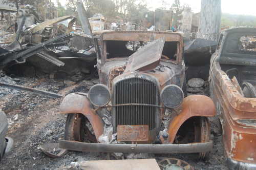 Antique vehicles burned in the Valley fire in Lake County, Calif., in September 2015. Photo by John Lindblom. valleyfireantiquecars