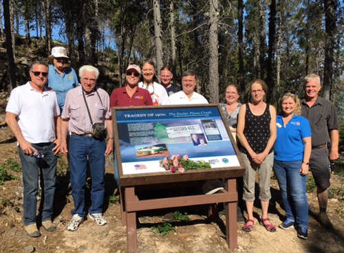 Enzler family and members of the Lakeport Rotary Club gathered for a ceremony to dedicate a new plaque at Mount Konocti County Park in Kelseyville, Calif., on Thursday, June 2, 2016. Shown, from left to right: Steve Enzler, Pam Harpster, Ed Enzler, Jennifer Strong, Bruce Maxwell, Sirre Reed, Dennis Fordham, Karen Adamski, Eileen Husted, April Leiferman, Scott Enzler. Photo courtesy of Konocti Regional Trails. 060216konoctiplaque