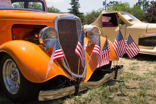 A flag-decked hot rod at the 17th annual Show & Shine Car Show in Clearlake, Calif., on Saturday, July 2, 2016, in Clearlake, Calif. Photo by Kurt Jensen/Lake County News. 070216jensencarshow1