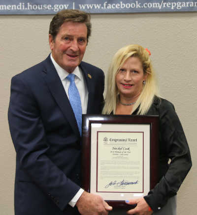 Congressman John Garamendi presented Neickol Cook of Clearlake, Calif., with the “Woman of the Year Award” on Thursday, October 13, 2016, in Woodland, Calif. Courtesy photo. 101316neickolcookhonors