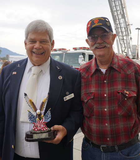 From left, Bob Penny, Lake County's retired veteran service officer, and his friend and fellow veteran Frank Parker at the Lake County Veterans Day celebration on Friday, November 11, 2016, in Lakeport, Calif. Penny received the 2016 Veteran of the Year Award at the event. Photo by Elizabeth Larson/Lake County News. 111116vetsdaypennyparker
