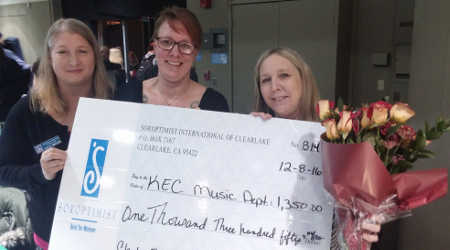 From left, Soroptimist International of Clear Lake members Julie Moyer and Ami Landrum present a check for $1,350 to music teacher Cydney Dixon on Thursday, December 8, 2016, in Clearlake, Calif. The funds are to benefit Konocti Education Center Music Department students who are planning a trip to Southern California. Courtesy photo. 120816siclpresentcheck2