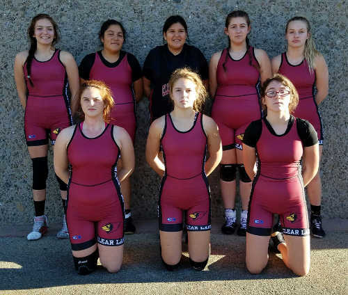 Clear Lake High School girls wrestlers at the 14th annual Castro Valley Wrestling Classic at Chabot College in Hayward, Calif., on Saturday, December 17, 2016. Back row, from left to right, Mia Miller, Ashley Vasquez, Samantha Bruno, Shelby Butcher and Madi Ferguson; front row, left to right, Scarlett Ballard, Mavis Pyorre and Mackenzie Markham. Photo by Ashley Pyorre. 121716clhsgirlwrestlersnew