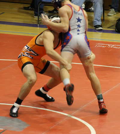 Alex Garcia in the finals match at the Holiday Bash in Fort Bragg, Calif., on Saturday, December 17, 2016. Garcia was named the tournament's outstanding lightweight wrestler. Courtesy photo. 121716garciawrestling