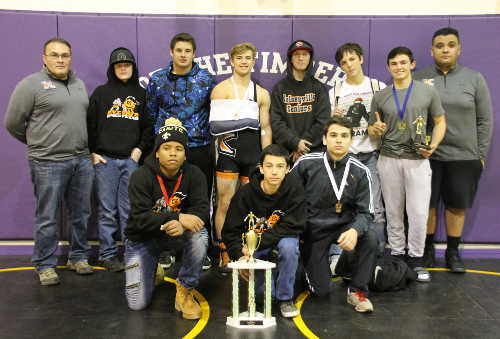 The Kelseyville High School boys wrestlers took third place as a team at the Holiday Bash in Fort Bragg, Calif., on Saturday, December 17, 2016. Courtesy photo. 121716khsboyswrestlers