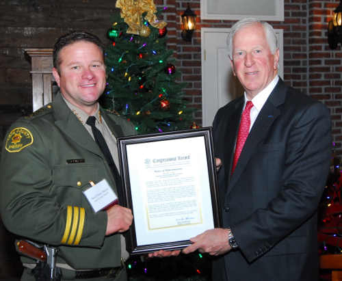 Congressman Mike Thompson (right) honored Lake County Sheriff Brian Martin on Saturday, December 17, 2016, in Vallejo, Calif., at a ceremony recognizing the California Fifth Congressional District's 2016 Public Safety Heroes of the Year. Thompson presented Martin with a Congressional Record Statement honoring his contributions as a Public Safety Hero of the Year for Lake County, Calif. Photo courtesy of the office of Congressman Mike Thompson. 121716martinthompsonaward
