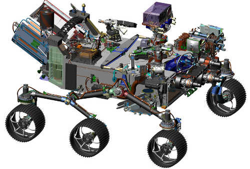 This image is from computer-assisted-design work on the Mars 2020 rover. The design leverages many successful features of NASA's Curiosity rover, which landed on Mars in 2012, but also adds new science instruments and a sampling system to carry out new goals for the 2020 mission. Credits: NASA/JPL-Caltech. 2020marsrover