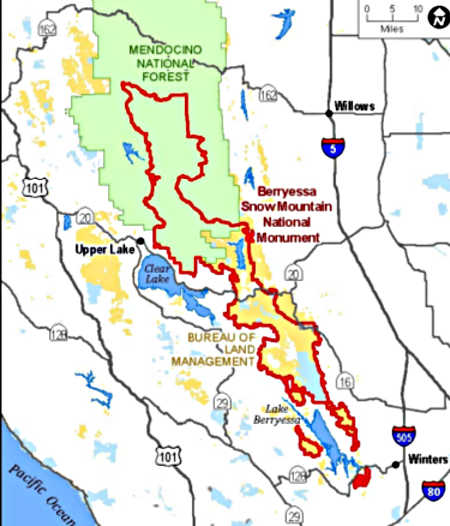 A map of the Berryessa Snow Mountain National Monument, courtesy of the United States Forest Service. berryessasnowmtnmap