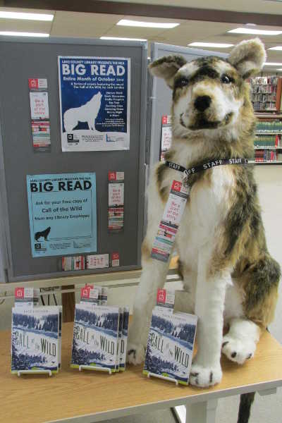 Hank the Hound, mascot of the NEA Big Read in Lake County, Calif., shows off free copies of The Call of the Wild, which can be picked up at all Lake County Library branches. bigreadhankthehound