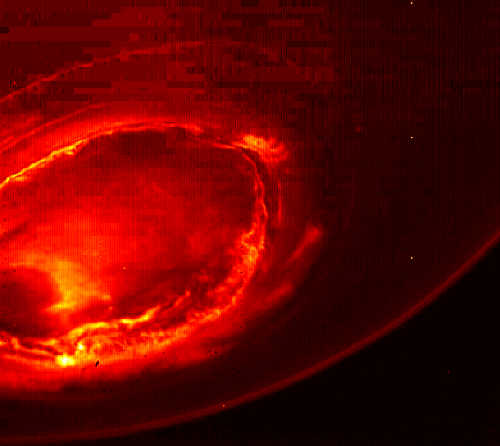 This infrared image from Juno provides an unprecedented view of Jupiter's southern aurora. Such views are not possible from Earth. Credits: NASA/JPL-Caltech/SwRI/MSSS. nasajunoinfrared